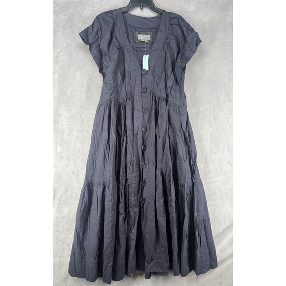 Anthropologie The Reneé Flutter-Sleeve Linen Button-Front Midi Dress Black 1X - Picture 2 of 10